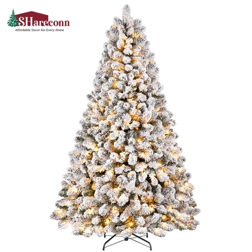 SHareconn 2026 4/5/6/7/7.5/8/9 FT Pre-lit Warm Lights Snow Flocked Artificial Christmas Tree with Dense Branches, Hinged Design, Eco-Friendly PVC, Ideal Holiday Decoration, Metal, Eco-Pvc, Pre-Lit Lights