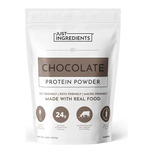 Just Ingredients Chocolate Protein Powder - 15 Servings - Supports Muscle Recovery & Energy* - Grass-Fed Whey & Organic Plant Proteins - 24g of Protein Per Serving - Gluten-Free - Made with Real Food - No Added Sugar - No Artificial Flavors or Dyes