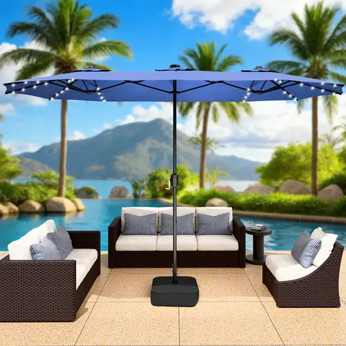 LEVELEVEL 15FT Heavy Duty Double-Sided Rectangular Patio Umbrella - Retractable Modern Polyester Outdoor Shade Canopy, Adjustable Shade, All-Weather UV Protection, Solar LED Lights, Sturdy Fixed Frame Base, 1-Hand Crank Lift Mechanism for Garden, Poolside