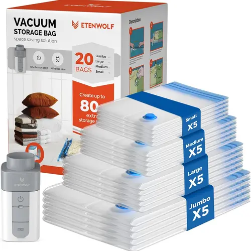 ETENWOLF Vacuum Storage Bags, 20-Pack Multi-Size Unisex Foldable Jumbo PA+PE Thick Sturdy Tear-Resistant Reusable Bags with Rechargeable Wireless Fast-Pumping Turbo Valve, 80% More Storage Space Home/Travel Organiser for Clothes Bedding