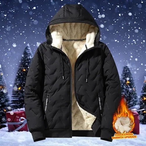 Men's Plain Hooded Puffer Coat - Autumn/Winter Regular Fit Outerwear, Stylish Athletic Fleece Long Sleeve, Soft Padded Full-Zip Zippered Jacket, Polyester Lining, Zippered Pockets, Machine Washable Cold Weather Casual Top