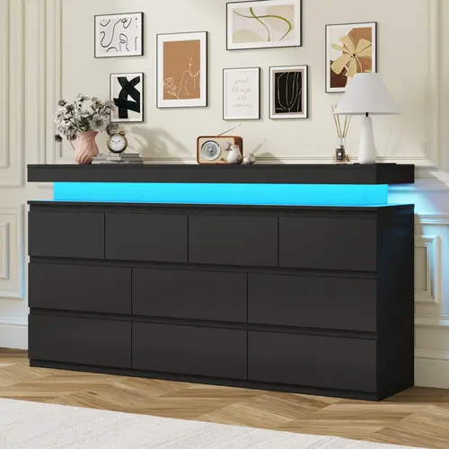 Modern Cupboards with 10 Drawers - Rectangle Wood Handle-Free, LED Lighting, Charging Station, Bedroom Dresser Furniture, Assembly Required, 63"w × 15.4"d × 34.1"h