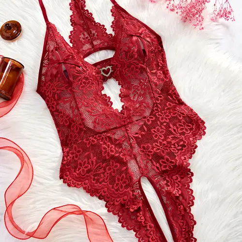 AgeRose Women's 1-Piece Halter Neck Backless Babydoll Lingerie, Adjustable Straps, Floral Lace, Burgundy-Navy Blue, Customizable, Lightweight, Breathable, Elegant Nightwear, Evening Loungewear, New Year Gift - Do Not Dry Clean