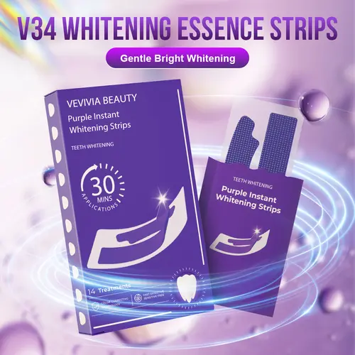 Vevivia Beauty Purple Teeth Whitener Strips Oral Care Kit - 14 Pcs Self-Treat Strips in Box, 30 Mins Non-Medical Stain Removal, Instant Color Correction, Gentle Enamel Protection, Sensitivity Relief, Oral Health Boost