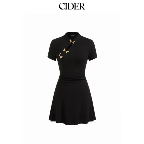 Cider Mandarin Collar Short Sleeve Metal Detail Cut Out Ruched Mini Dress
