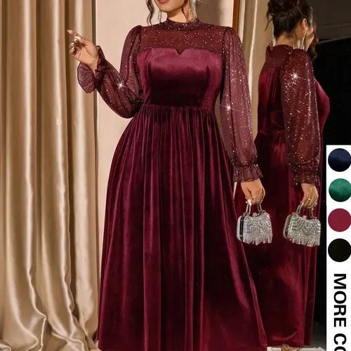 Plus Size Women's Mesh Velvet Sequin Elegant Bubble Sleeve Dress, Waist Cinched, Perfect for Parties and Gatherings, Fall & Winter Fashion