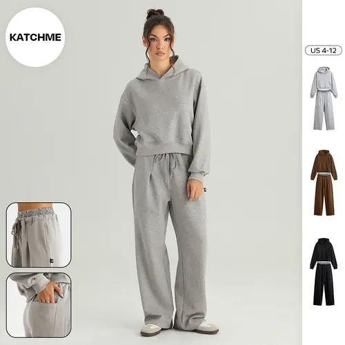 KatchMe Women's Chic Hooded Long Sleeve Cropped Hoodie & Contrast Waist Wide Leg Trousers Co-ord, Casual Solid Color Lightweight Two Piece Outfits (2)
