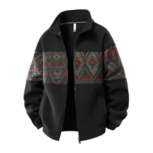Men's Retro Ethnic Pattern Full-Zip Fleece-Lined Long-Sleeve Knitwear Cardigan Jacket - Stand Collar, Casual Loose, Plus Size Fashion, New Year Cool Gifts for Guys, Fluffy Patterned Cold Weather Autumn-Winter Top#sohochic
