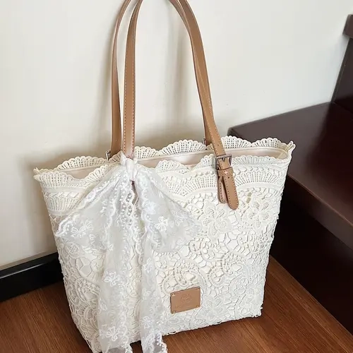 Simple Gentle Lace Shoulder Tote Bag, Retro Fashion Casual Daily Commute Shoulder Bag, Niche Openwork Lace Design, Fashionable Casual Bag for Shopping, Dating and Vacation, Everyday Shoulder Bag, Fabric Shoulder Bags