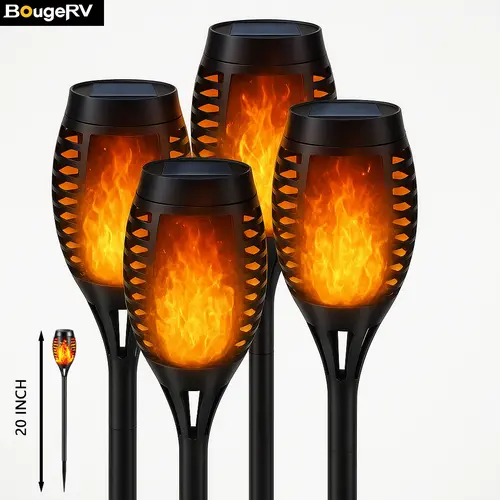 BougeRV 20.5in Plastic Flame Solar Outdoor Lights, 4pcs Eco-Friendly Decorative Lights with Ground Plugs for Yard Halloween Outdoor Landscape Use