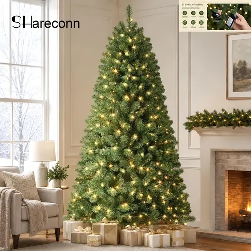 【13 Modes Switching】SHareconn 2026 4/6/7.5 FT Prelit Twinkling Lights No Remote Control Artificial Hinged Christmas Tree with Pre-lit Warm White Lights,  Christmas Deco