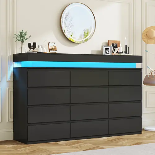 Tall Modern Drawer Dresser - 9/12 Deep Drawers Apartment Furniture, Reinforced Frame, RGB Mood Lighting, Built-In Charging Ports, Durable Bedroom Clothing Storage, Assembly Required, Room Decor Solution