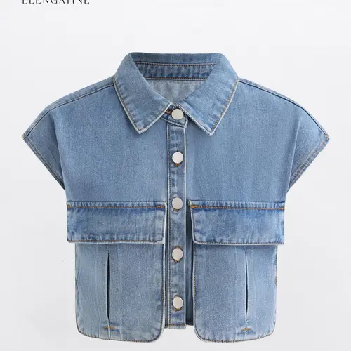 EL ELENGATINE Women's Comfortable Bohemian Denim Vest - Basic Boho Clothes for Women, Polyester-Cotton Blend 3/4 Length Tops, Rounded Collar, Wide Shoulders, Slit Pockets, Button Front Closure, Elegant Autumn Back to School Style