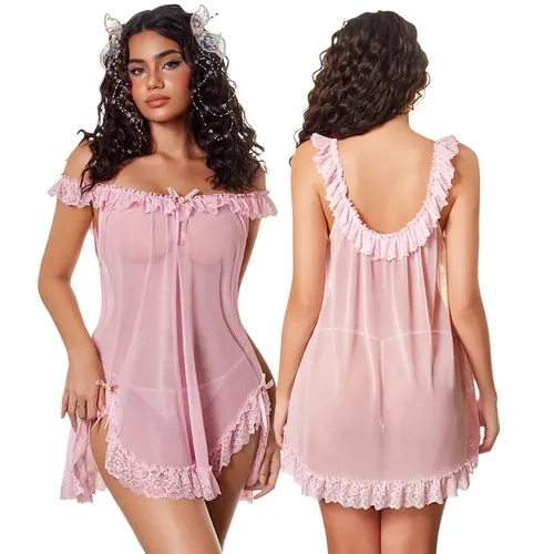 Avidlove Women 2 Piece Babydoll Lingerie Set Sheer Mesh Lace Slip Nightgown | Mesh Babydoll Lingerie Set With Lace Ruffle Slip and Thong.Perfect for Honeymoon,Wedding Night and Bridal Boudoir Shoot Gifts