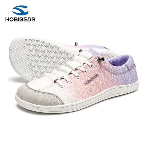HOBIBEAR Ladies Sneakers - Barefoot Walking Shoes, Trending 0 Drop Wide Toe Anti-Skid Color-Accented Ultra-Light Flexible Lace-Up Simple Fit All-Season Casual Trainers, Pink-Purple Gradient Ombre Footwear