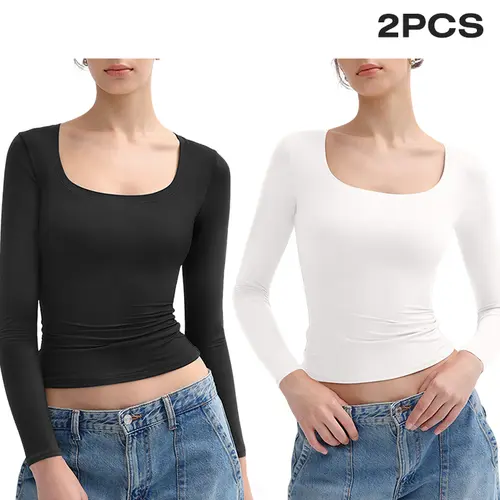 PUMIEY Women's 3-Pack Scoop Neck Long Sleeve Top Double Layer Slimfit Fall Outfits Minimalist Comfort Basic Double layer Smoke Cloud Collection Womenswear