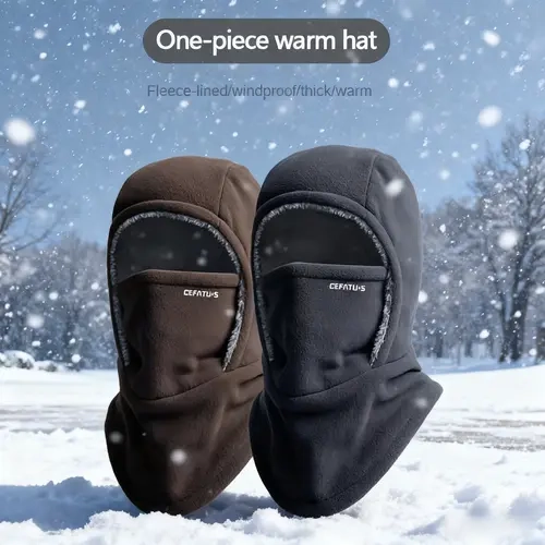 Winter Warmth 2-in-1 Hat & Face Mask Windproof Thick Fleece Lining for Cycling Running Skiing Machine Washable Black