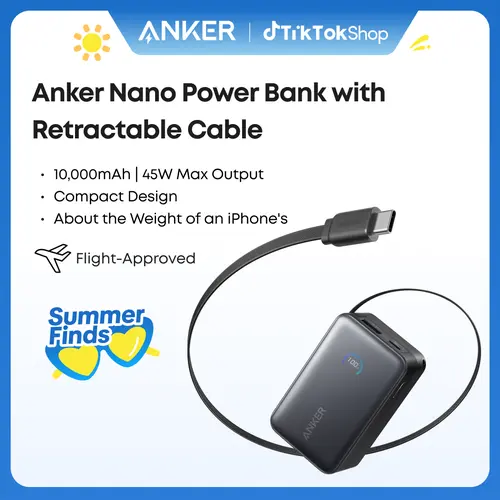 [Live Only]Anker Nano Power Bank, 10,000mAh Portable Charger with 2.3 ft Anker InstaCord Retractable Cable, 45W Max Compact Battery Pack, Smart Display, For iPhone 16 Series, iPad, Galaxy, Pixel, and More summervibes