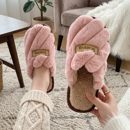 Unisex Indoor Home Slippers, Non-Slip, Warm, Comfortable, Slip-On Plush Slippers, Graceful Color-matched Autumn Winter Slippers for Women Thick Soft Plush Anti-slip Indoor Wear Warm Comfortable One-piece Style, Men's Women's Cotton Slippers