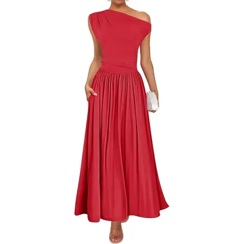 ZESICA Women's 2025 Summer 1-Shoulder Sleeveless Slim Swing Pleated Maxi Dress with Pockets - Soft Elastic Fabric, Long Dresses for Women, Classy Option for Dating, Gathering, Party