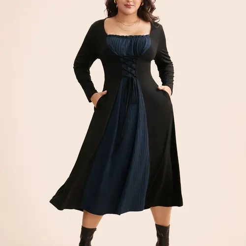 BloomChic Square Neck Textured Patchwork Crisscross Dress 【M-6XL】