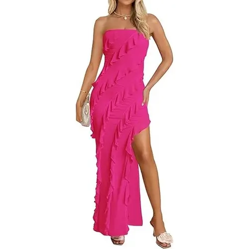 ZESICA Women's 2025 Strapless Bodycon Long Dress - Off Shoulder, Mesh, Tassel Accents, Ruffle, Side Split Tube Style, All Colors Lined, Womens Dresses, Backless, Bridal Guest, Casual, Chic Cocktail Wear