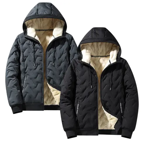 Men’s winter solid-color hooded jacket, warm outerwear with thick fleece lining for added warmth, zippered pockets, suitable for hiking, work, and travel in cold weather.