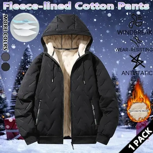 Men's Solid Color Knitting Hooded Cotton Fleece Jacket - Antistatic Windproof Outerwear, Long-Sleeve Warm Puffed Full-Zip Coat, Soft Polyester Lining, Zipper Pockets, Regular Fit, Machine Washable, Beige/Black Casual Transitional Top