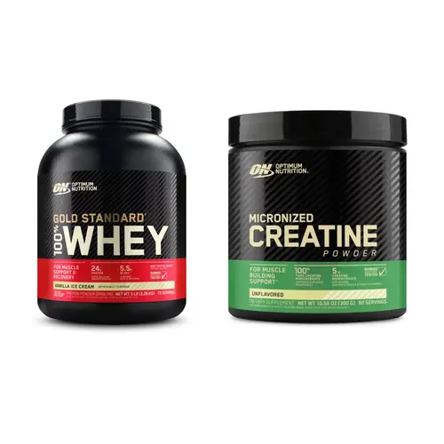 Optimum Nutrition GSW Power Pack Supplement Stack - 5lb Vanilla Ice Cream Whey Protein Powder (BCAAs Rich), Creatine Monohydrate, 60 Servings, Lean Muscle Booster, Banned Test Safe, Fitness Support for Adults (Protein Shake Compatible, Glass+Spoon Mix)