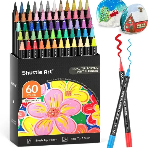 Shuttle Art Dual-Tip Acrylic Paint Markers Set (60 Vibrant Colors) - Double Tipped Art Supplies, Colorful Paints for Adults' DIY Crafts, Halloween, Wood & Fabric, Rock & Ceramic Decor