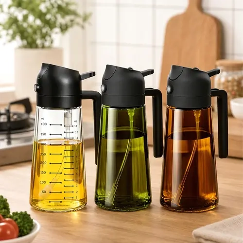 3-Pack Glass Oil Sprayer Set, 16oz/470ml 2-in-1 Dripless Oil Dispenser Set for Air Fryer Frying & BBQ, Kitchen Supplies & Utensils (Black+Green+White)