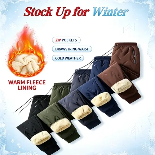 Men's Thermal Hiking Snowpants - Woven Polyester Fleece-Lined Thermal Bottoms, Ribbed Elastic Waistband, Zippered Pockets, Machine Washable, Suitable for Home & Outdoor Use, Men's Thermal Bottoms