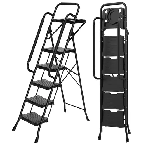4-Step Black Lightweight Foldable Step Ladder - Heavy-Duty Safe Ladder with Non-Slip Pedals, Comfortable Handrail, 330lbs Capacity, 2in Folded Thin, Anti-Slip Feet, Auto-Lock Buckle for Kitchen, Garage Use