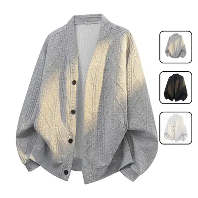 Men's Plus Size Loose-Fit Knotted Buttoned V-Neck Long Sleeve Knit Cardigan Sweater - Polyester Clothes, Knitwear, Oversized Sweater, All Seasons Menswear Layering Top, Casual Wear for Jeans & Leggings
