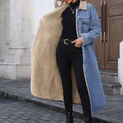 Women's Fall Winter Chic Fashion Long Cozy Denim Jacket with Long Sleeves, Elegant Lapel Single Button Fleece Lined Warm Coat, Casual Versatile Outerwear