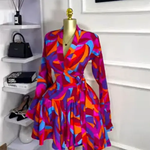 PULKRITU Women's Tie-Dye Print Flare Long Sleeve Dress, V-Neck Bow Hem, Fall Winter Wear, Elegant Vacation Party Birthday Dress, Aesthetic Fashion