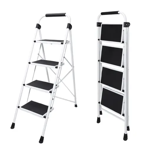 Sweetcrispy Foldable Iron Stepstool - Aluminum Step Ladder with Non-Slip Foot Pedals, Comfortable Handrails, Steel Frame, Folds Flat to Save Space in Closets, Portable Heavy-Duty for Kitchen, Office Use, Climbs Tall Shelves Easily