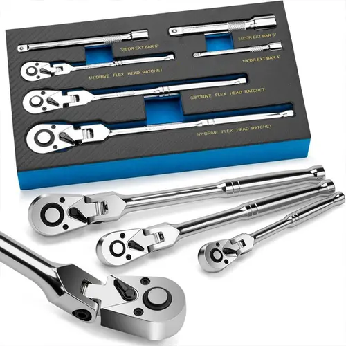 10-Piece Flex Head Ratchet Set Chrome Vanadium Steel 1/4 3/8 1/2" Drive with Extension Bars 72 Tooth 180° Adjustable Quick-Release Professional Swivel Head Ratchet Wrench Gift Set for Tight Spaces and Easy Reach BlackFriday Christmas Gift