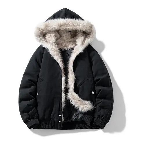 Men's Fur Collar Hooded Jacket Cotton Coat Winter Thick Warm Outerwear for Cold Weather Comfortable & Breathable