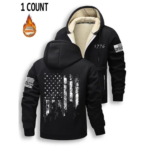 Men's Fitted Fleece-Lined Winter Zip-Up Hoodie Jacket - Long-Sleeve Printed Casual Daily Top, Warm Coat，Suitable for outdoor casual daily wear