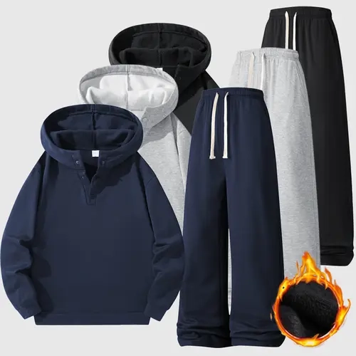 Fleece Lined Sports Suit 2-Piece Set - Hooded Sweatshirt with Drawstring, Loose Fleece Pants, Thick Warm Unisex Gym Set for Outdoor & Indoor Casual Workout, Plus Size Cozy Activewear for Winter