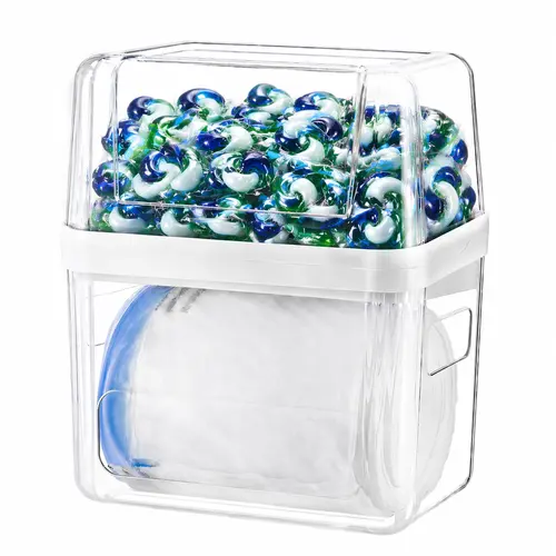AIR U 3-in-1 Classic Dustproof Storage Box - Automated Trash Bag Dispenser, Cloud-Open Access Moisture-Resist Lidded Container for 13/30/33 Gal Bags, Dishwasher Pods, Laundry Tabs (Under Sink Kitchen Organizer)