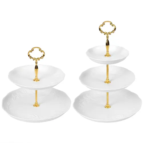Food-Grade Ceramic Dessert Display Set (2-Piece) - 3-Tier & 2-Layer 10in Round White Rose & Olive Art Porcelain Trays with Metal Stands, Waterproof Cake Stands for Party, Home Decor, Baby Shower, Birthday Gift