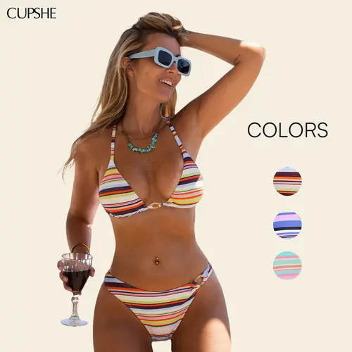 CUPSHE Saltwater Taffy Striped Bikini Sets | Leg-Lengthening High-Cut Swimsuit | Modern Cheeky Bum Coverage Two-Piece for Beach Vacay 2026 Bathing suit #DealsForYouDays