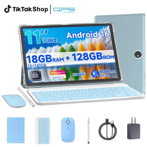 PEICHENG 11 In Android 16.0 Tablet - 18(4+14)GB RAM, 128GB ROM (1TB Expandable), 2.2GHz Octa-core, 1280x800 IPS Touchscreen, Wi-Fi 6, 5G, Bluetooth 5.0 with Wireless Foldable Keyboard, Wireless Mouse, New Stylus Bundle (Fathers Day Gift)