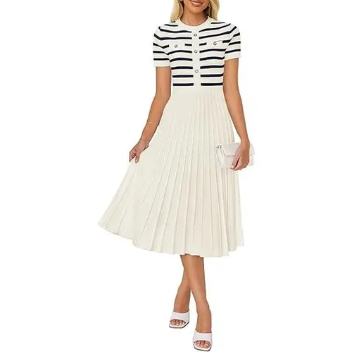 ZESICA Women's 2025 Casual Striped Midi Dress Crewneck Short Sleeve Button Ribbed Knit Swing Pleated A Line Dresses