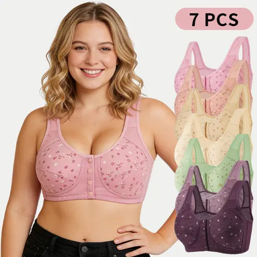 Hicloth 7-Pack Front Closure Wireless Bras for Women, Everyday Light Support Lace Bra Set, Floral Bralette Pack