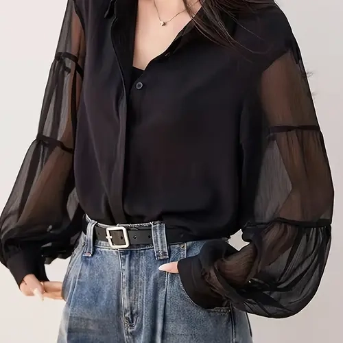 Women's Vintage Chiffon Lantern Sleeve Shirt Blouse, Long Sleeve, Lightweight Casual Fashion Feminine Commuter Top, Transparent Sleeves, Collared Style, All Seasons Womenswear, Boho Flowy Tops