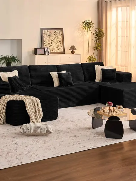 ModMood Boneless Sectional Couch for Living Room – 133" U/L-Shaped Cloud Couch, Corduroy Modular Sectional Couch with Ottoman, Cozy Deep Seat Couches for Living Room, 7 Free Pillows, 【2 Packages】