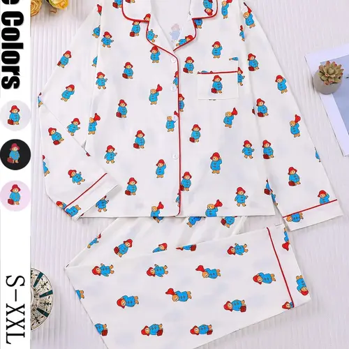 Cute Doll Bear Print Women's Sleepwear Pajama, Casual Home Nightwear, Sets Pajama, Long Sleeve Button Front Top and Loose Elastic Pants, Casual All-Season Home Wear #GLOBAL PICKS